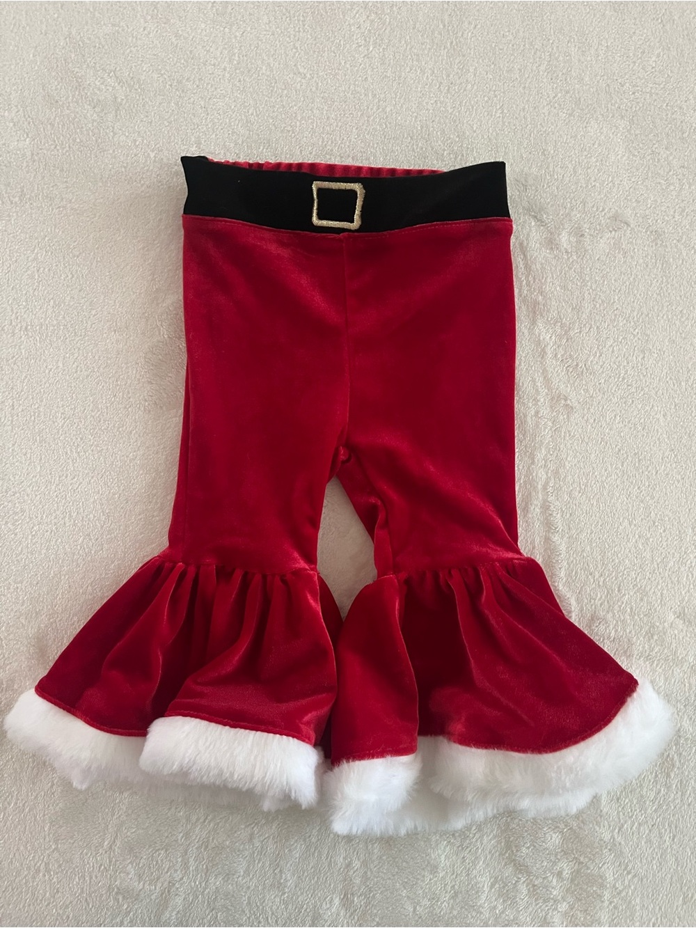 Girls Red Velvet Holiday Ruffle Pants with Faux Fur Trim 6M